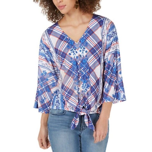 🌟HP FLORAL PLAID FRONT TIE Multicolor New Style & Co Button Up Blouse Colorful - Picture 1 of 16